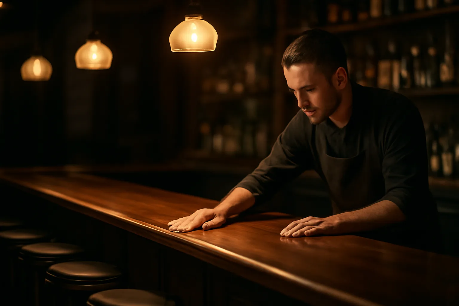 Bartender wiping down counter in empty bar, representing Oklahoma liquor license compliance