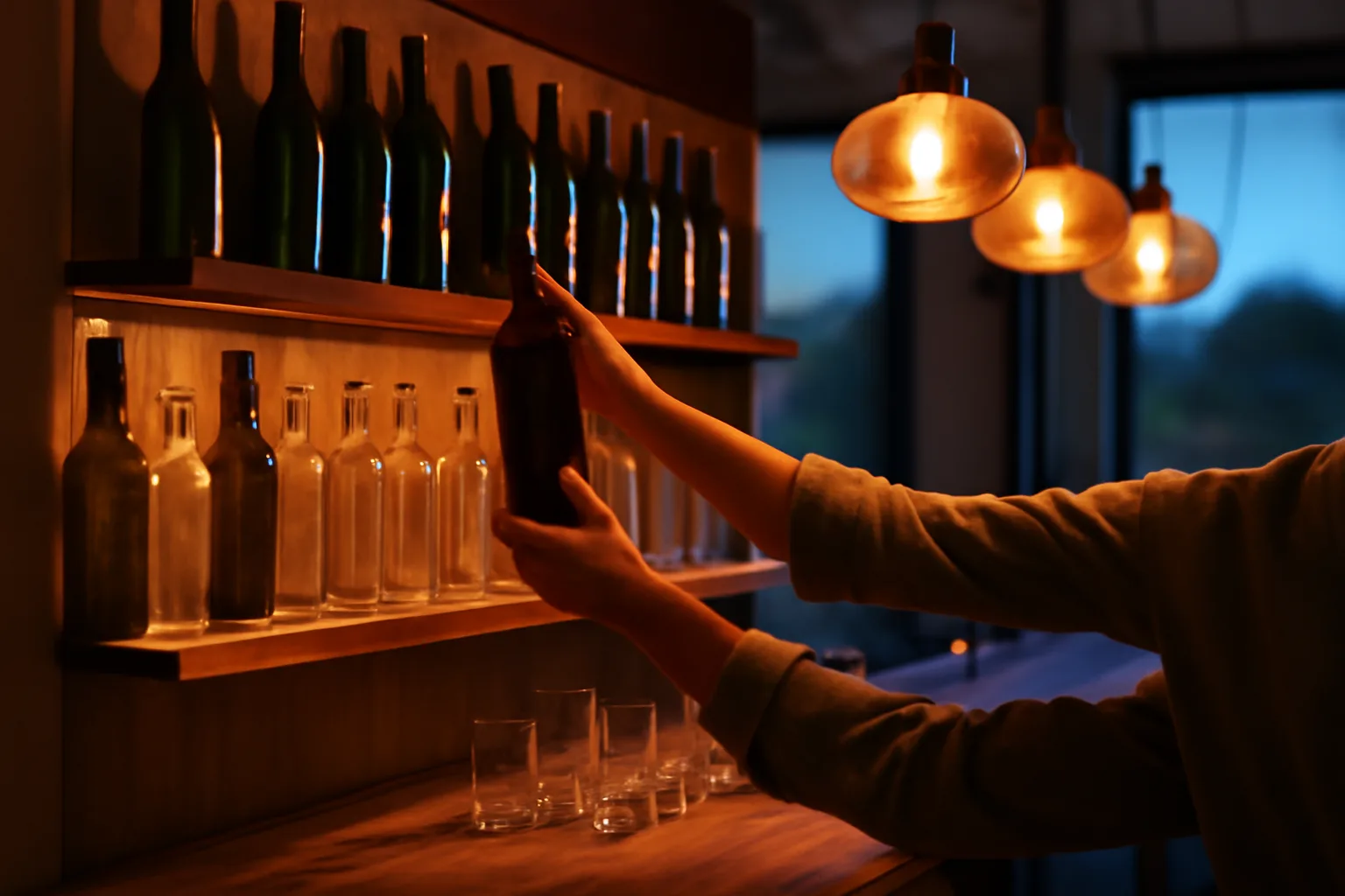 Bartender stocking shelves in a new restaurant bar before opening night