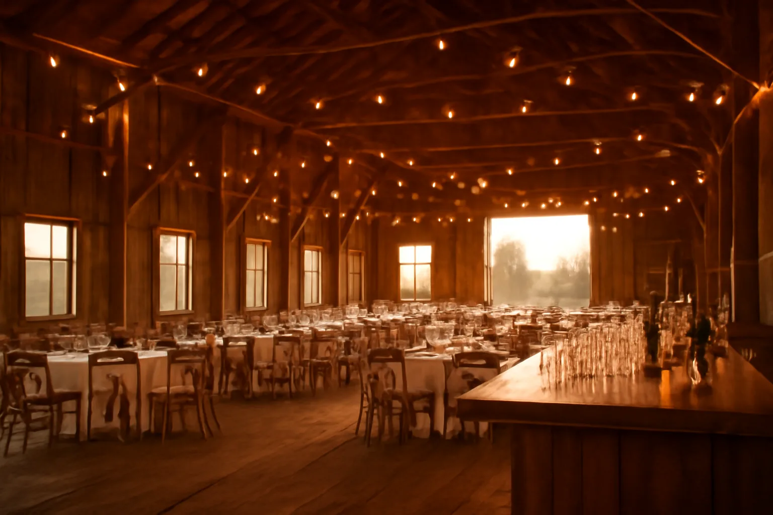 Rustic barn venue interior set up for an event with a wooden bar area