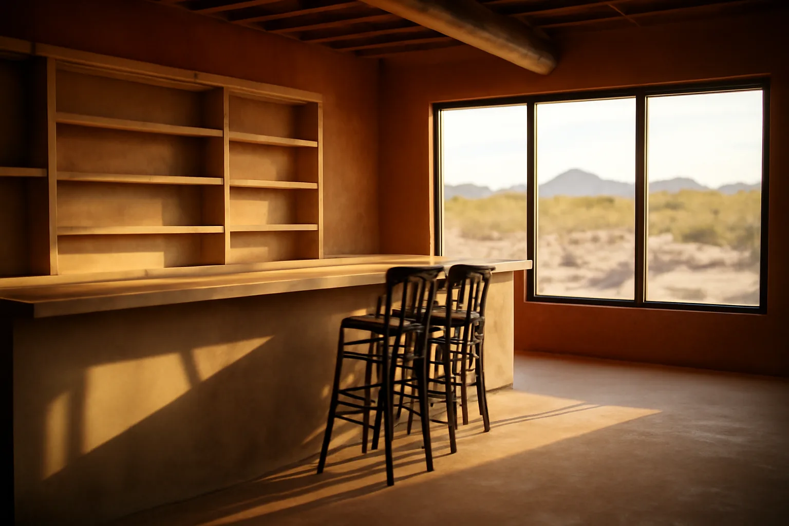 Empty restaurant bar under construction with desert light, representing Arizona liquor license planning