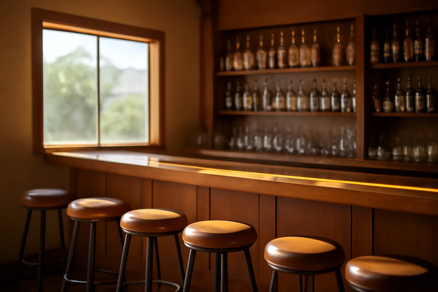 Sunlit empty bar counter in an Arizona restaurant before opening hours