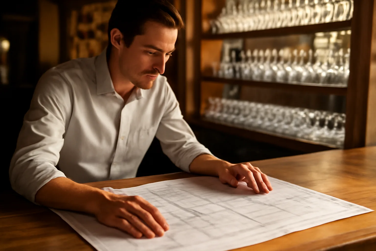 Restaurant owner reviewing floor plans at a bar counter before opening