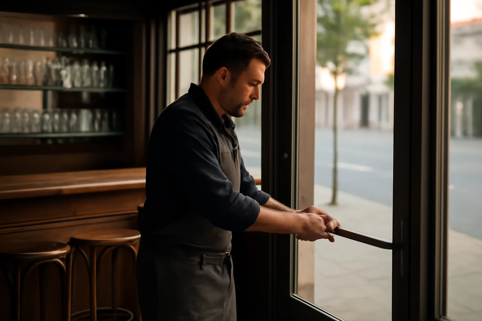Bar owner unlocking the front door before opening, a scene tied to Atlanta liquor licensing steps