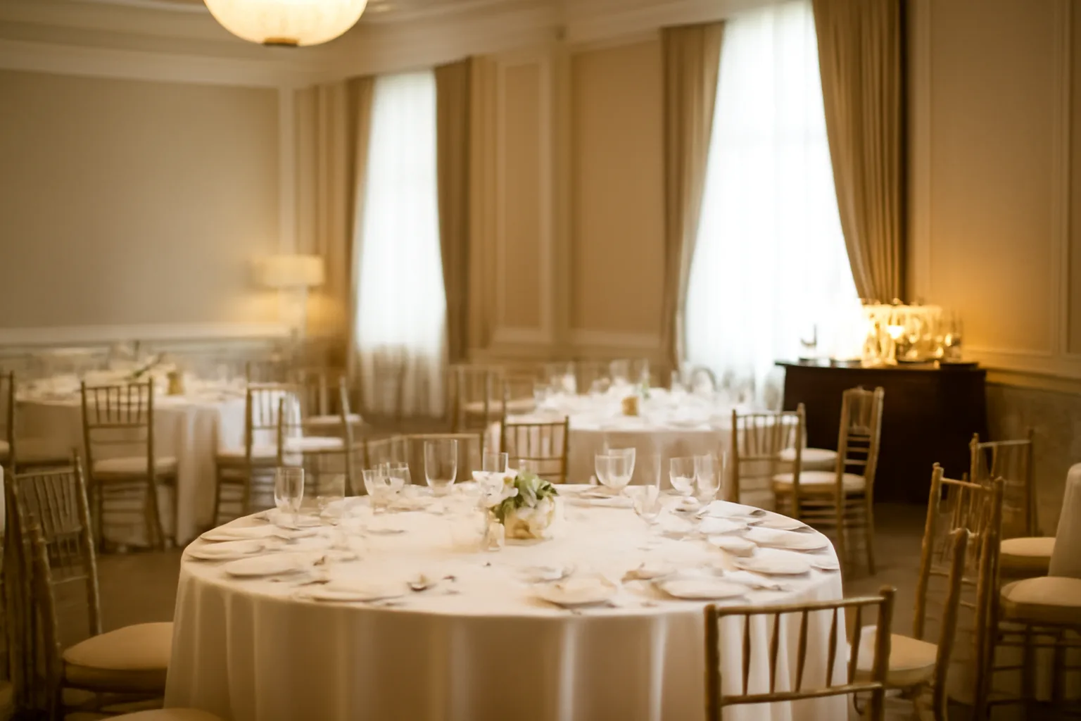 Empty hotel ballroom set up for a private banquet event with a bar station