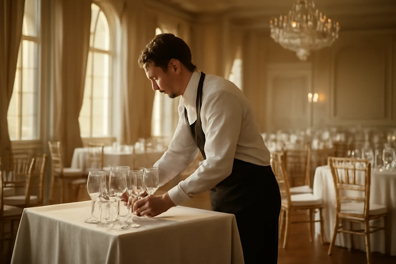 Caterer arranging glassware at a bar cart before a banquet license event