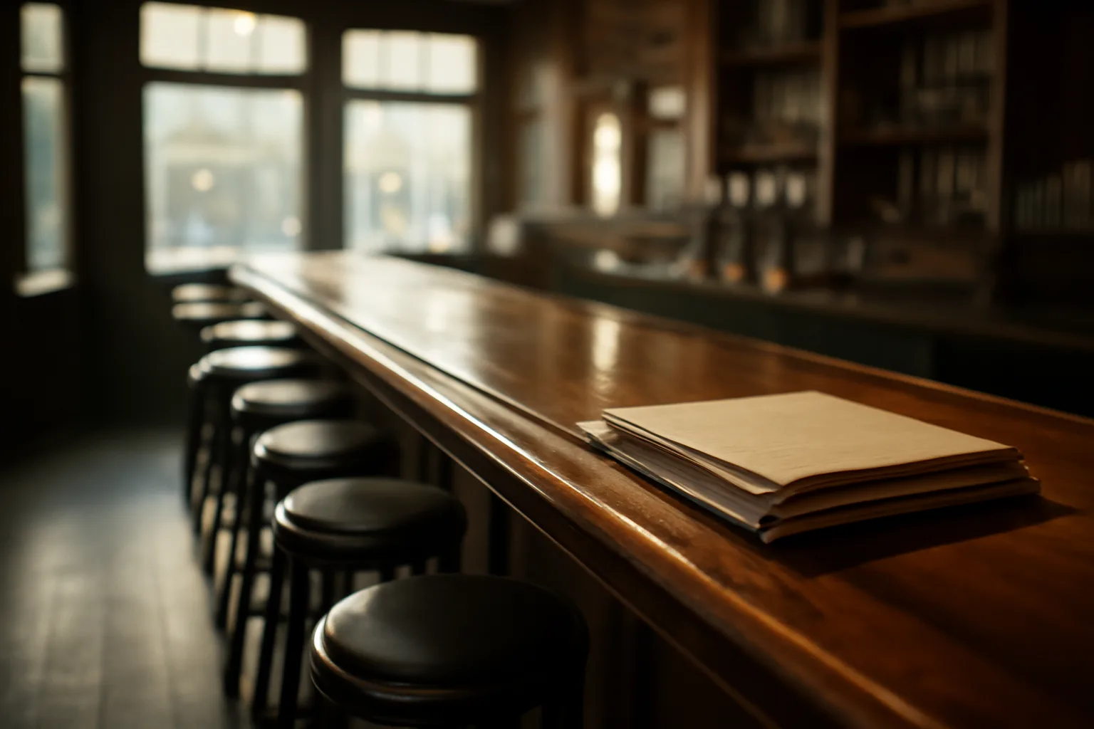Empty bar interior in morning light representing bar law licensing process