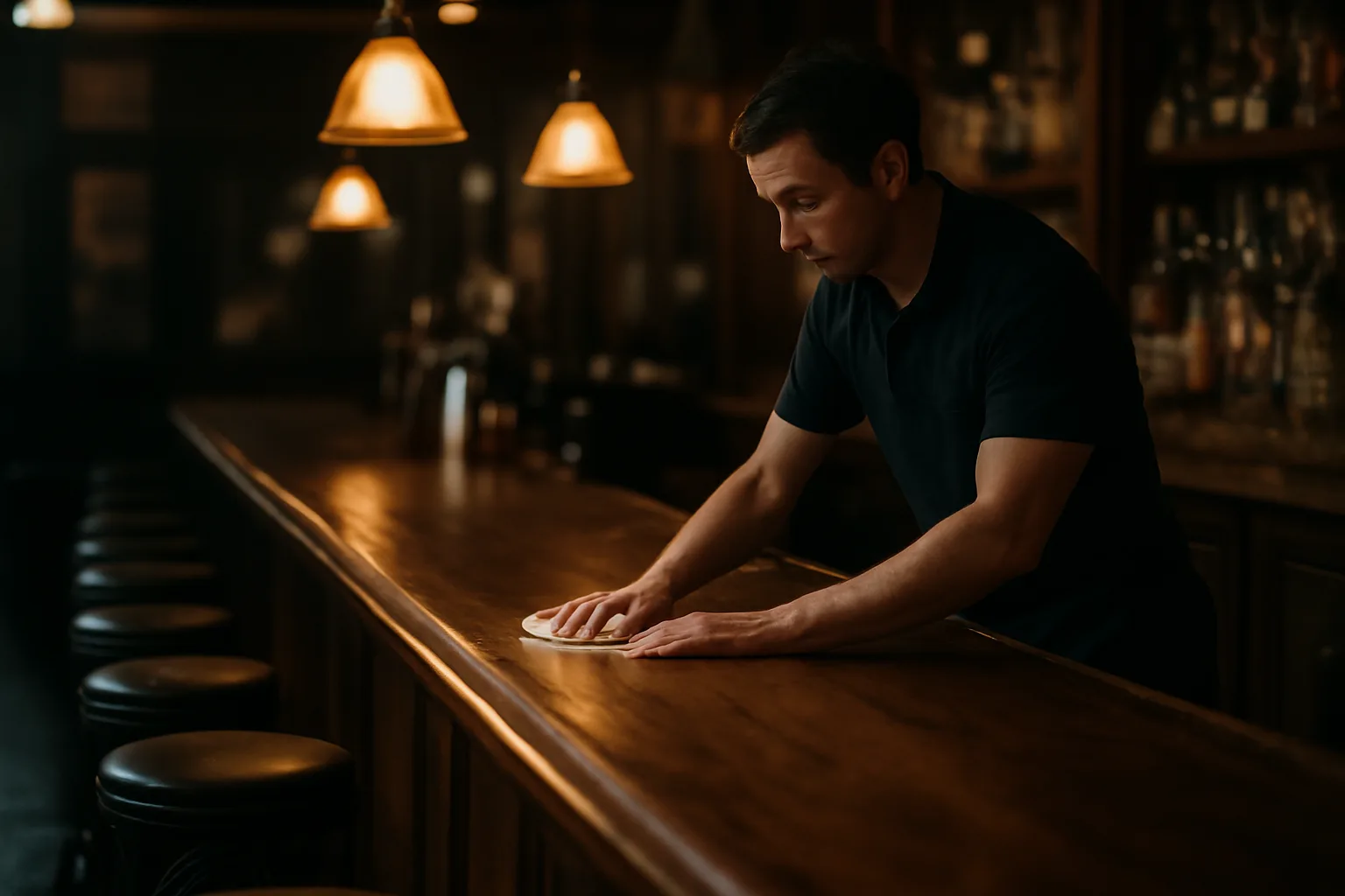Bartender wiping down counter in an empty New York bar at night
