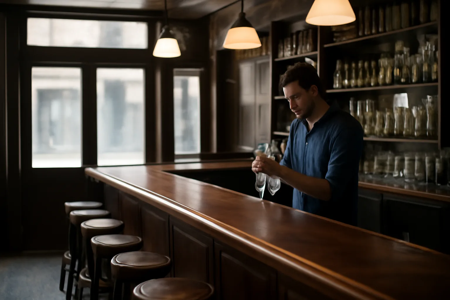 NYC bar interior before opening with bartender polishing glassware in morning light