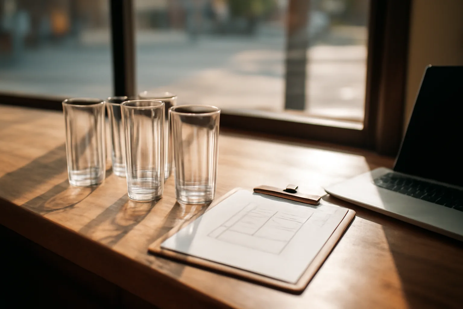 Empty bar counter with glasses and a floor plan during a bar license search process