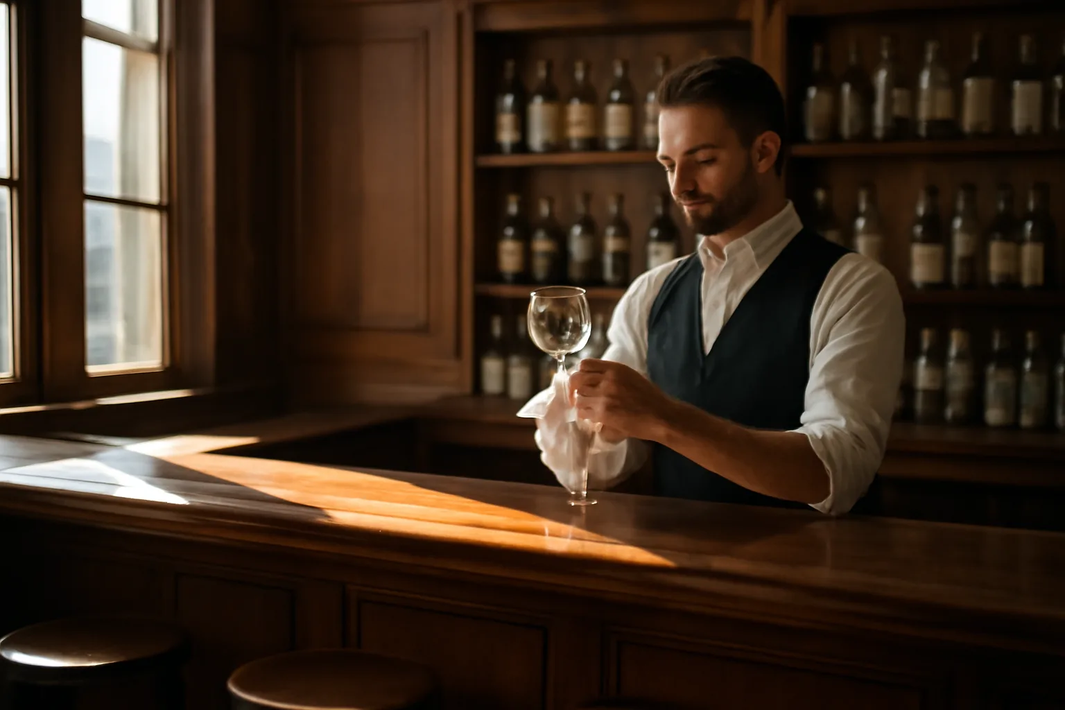 Bartender preparing an empty bar before opening, Texas bar license context