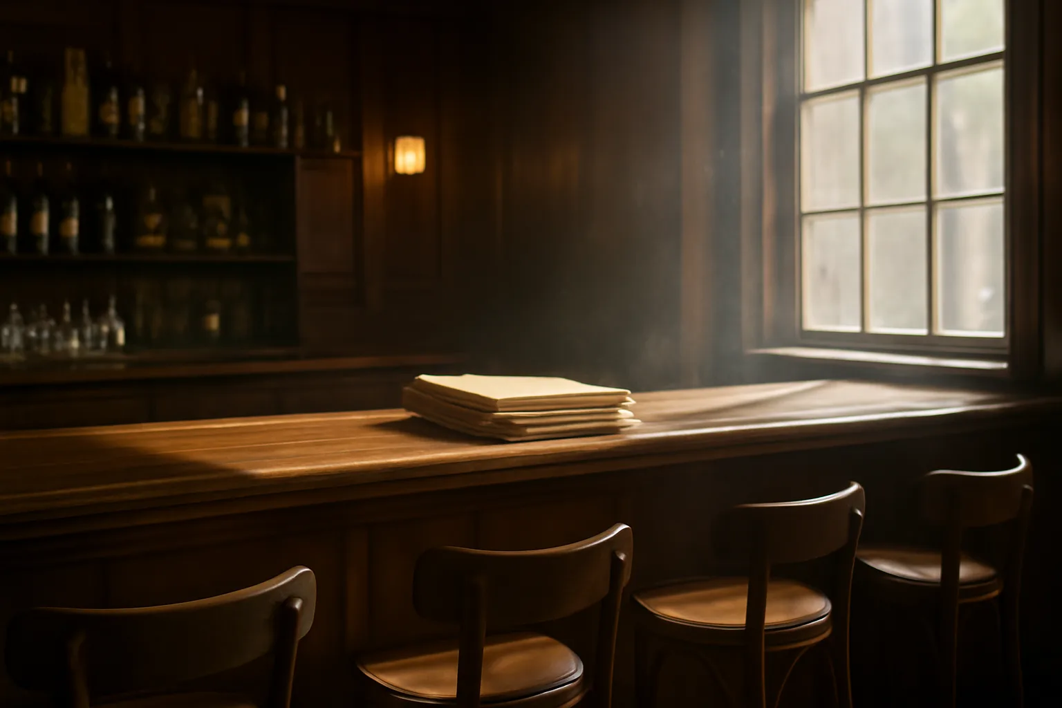Empty bar interior with sunlight and paperwork folders on the counter
