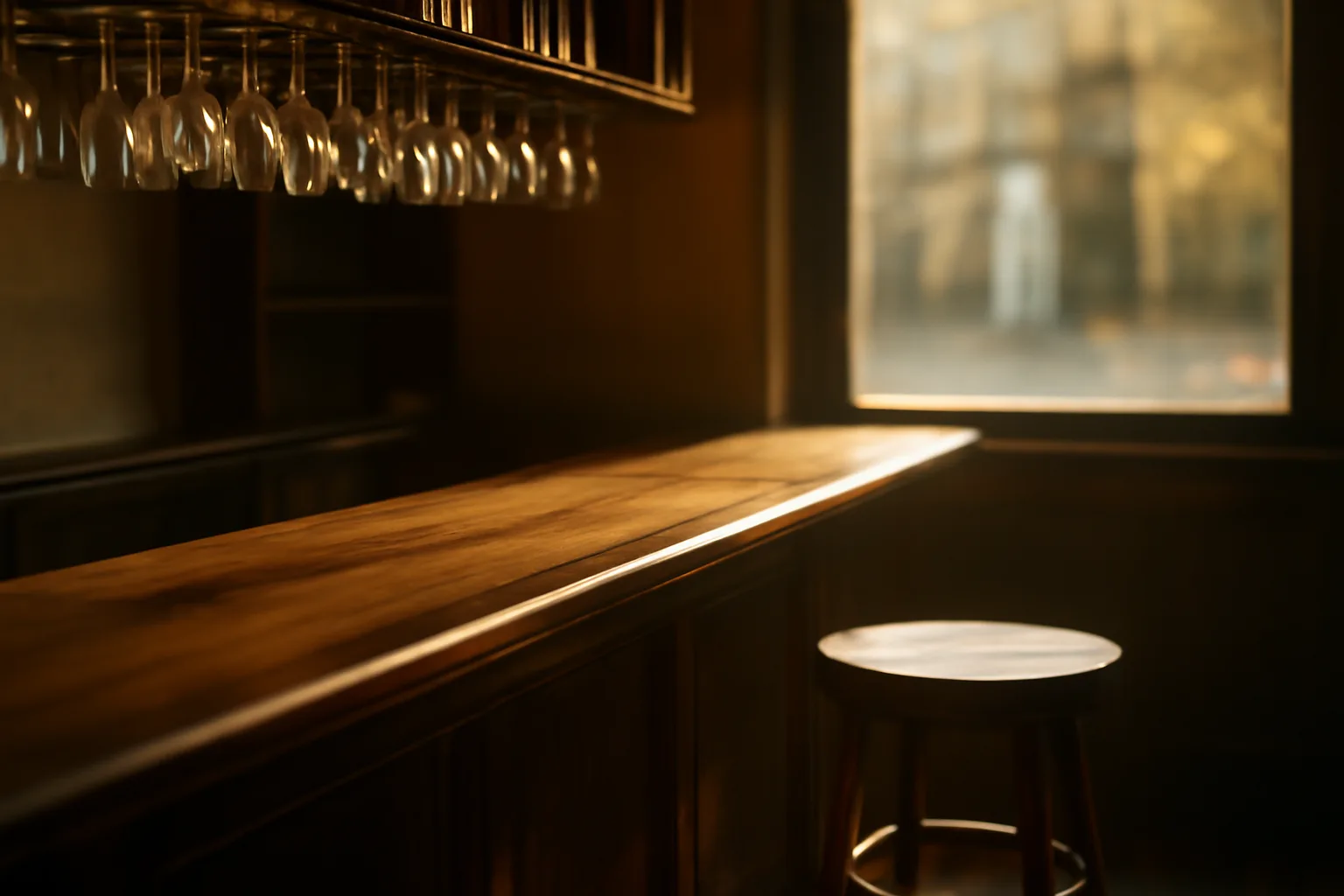 Empty bar counter lit by afternoon window light before a liquor license opening