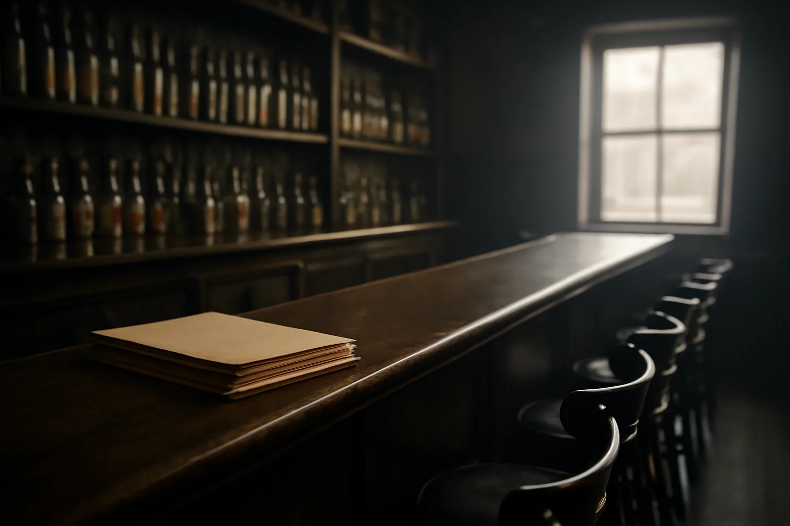 Empty bar interior with paperwork folders on the counter before opening