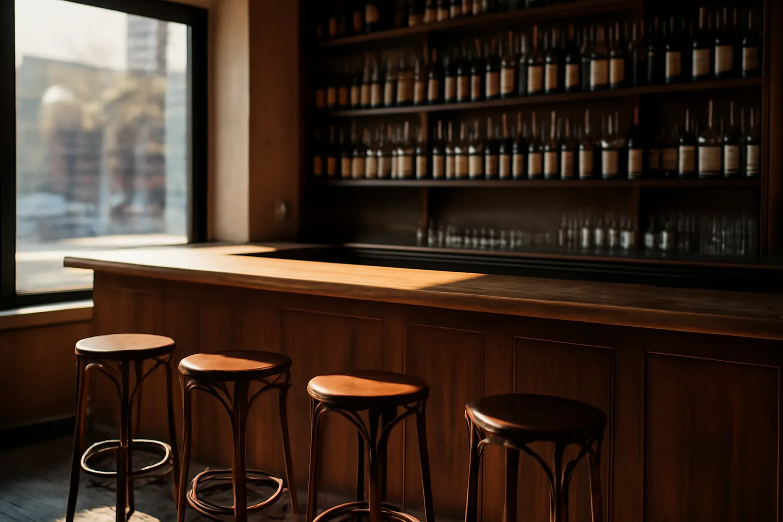 Empty licensed bar interior in daylight representing a barred or pending liquor license