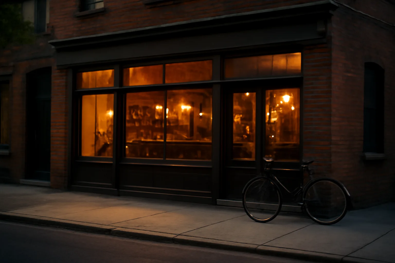 Brick storefront bar exterior at dusk in a downtown Modesto style street