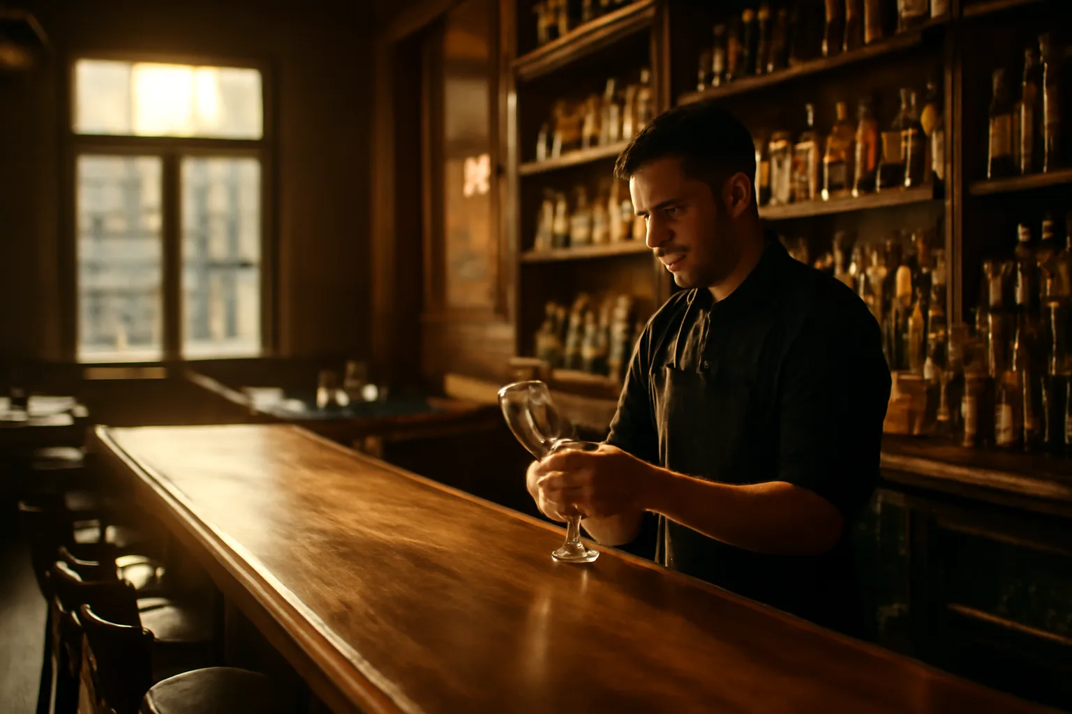 Bartender polishing glasses at an empty bar before opening in Oklahoma