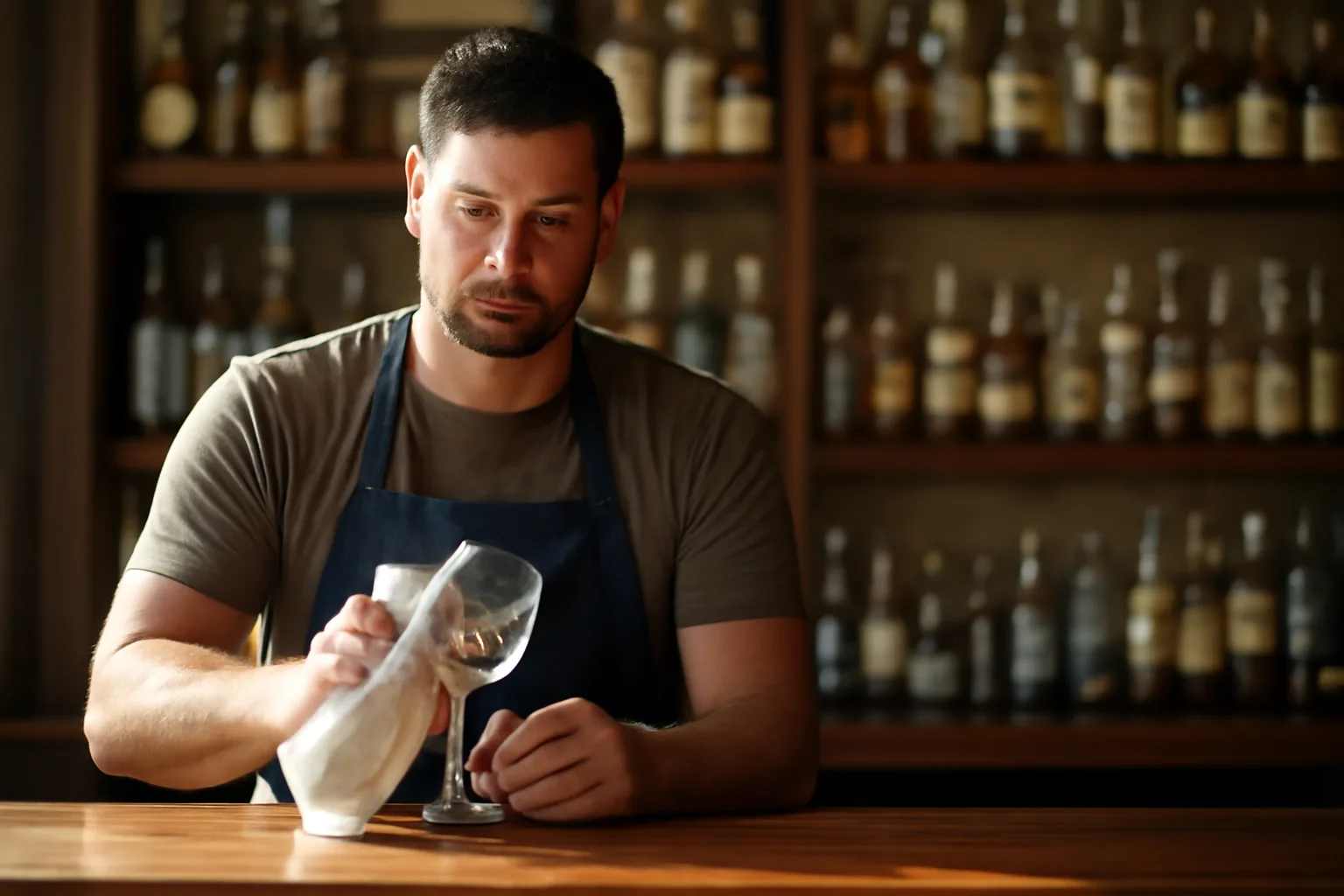 Bartender polishing glassware behind a bar in soft afternoon light
