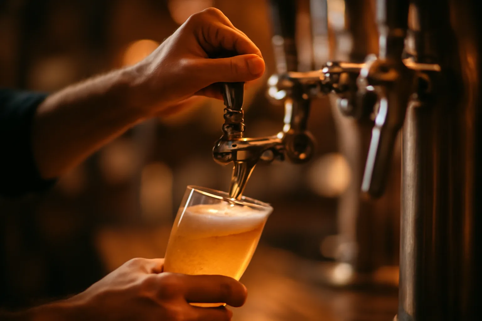 Bartender pouring beer drawn from a tap into a glass at a bar