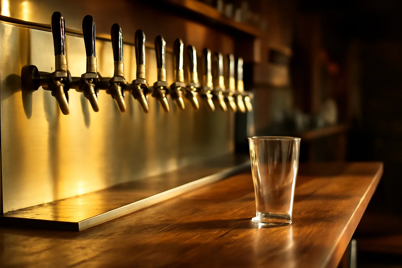 Beer taps on a wooden bar counter lit by late afternoon light in Florida
