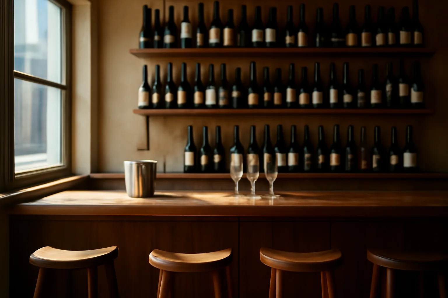 Restaurant bar shelves stocked with beer and wine bottles in daylight