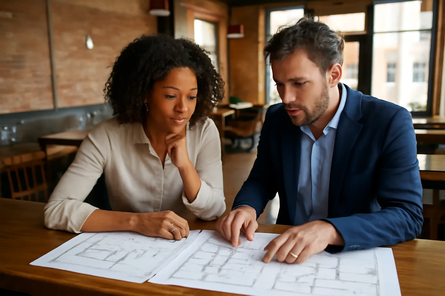 Owner and consultant reviewing floor plans on a bar top before a Boston liquor license opening