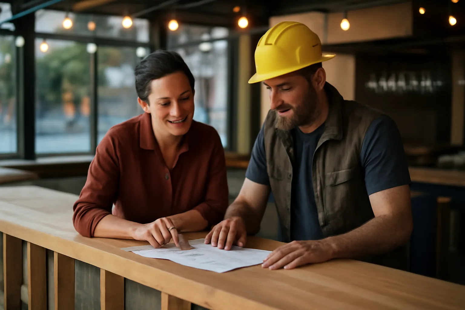 Restaurant owner reviewing lease paperwork at an unfinished bar counter before opening