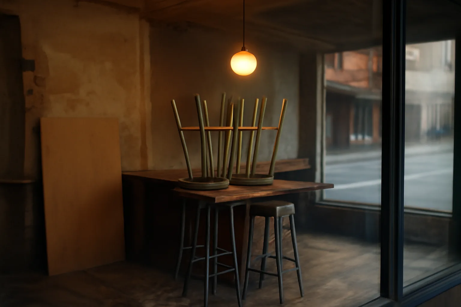 empty restaurant interior with stacked bar stools before opening, awaiting liquor license approval