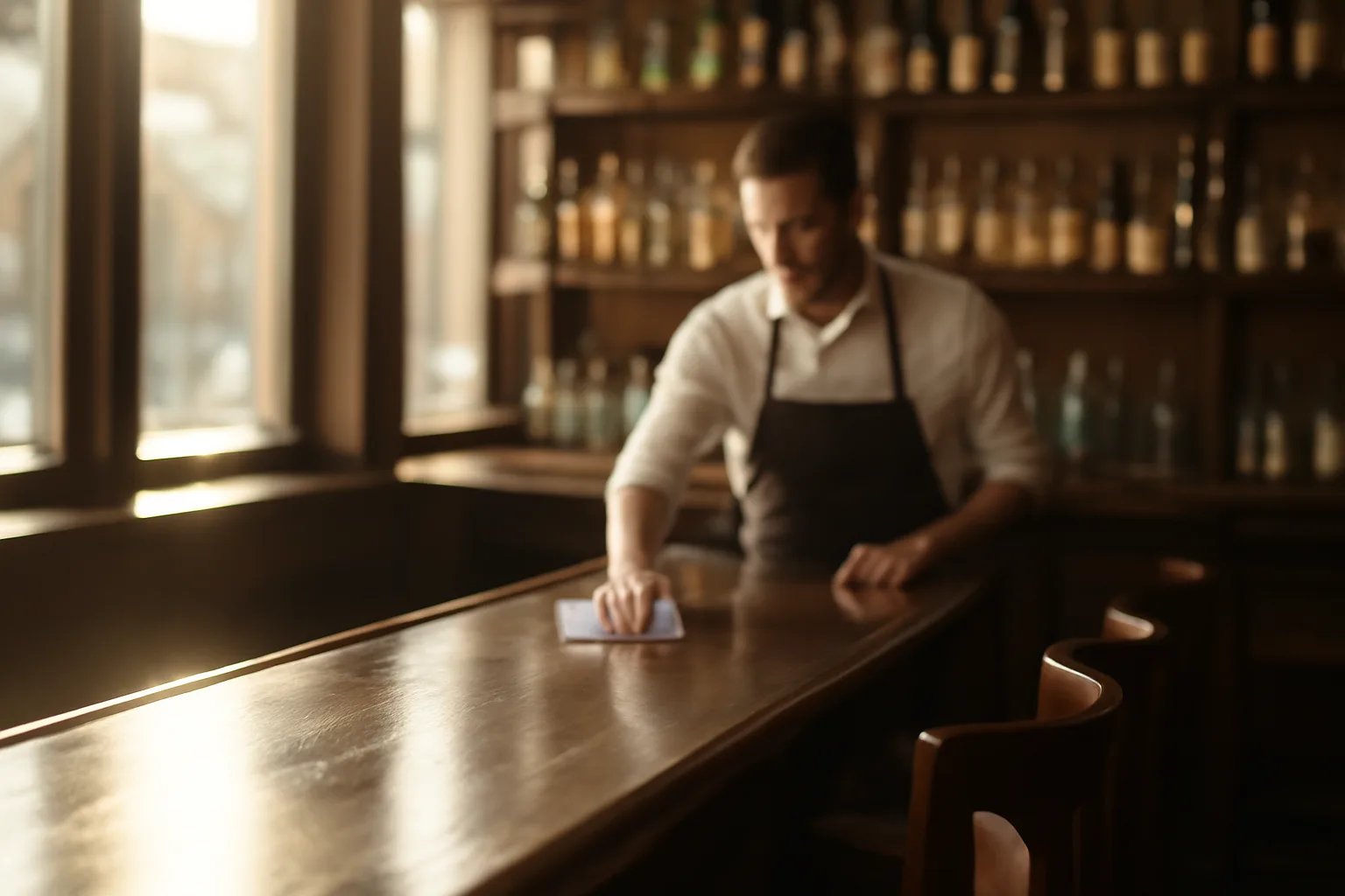 Empty restaurant bar counter in daylight, representing a California ABC license application in progress