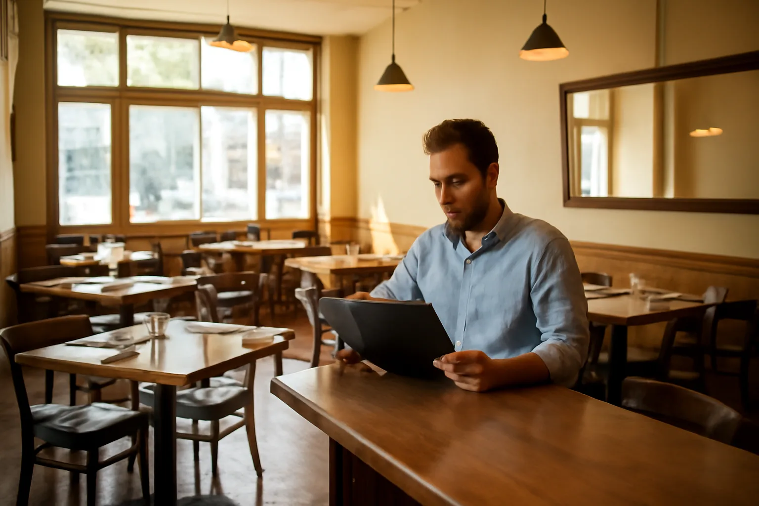 Restaurant owner reviewing documents at bar counter before opening, researching a California liquor license