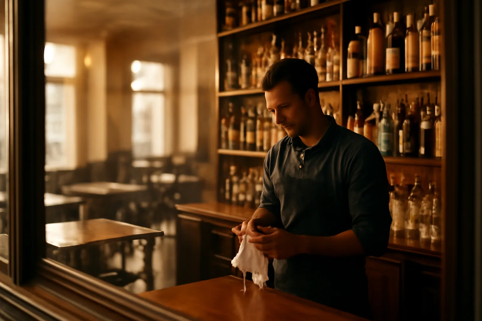 Bartender polishing glasses behind a wooden bar during a California bar license search process