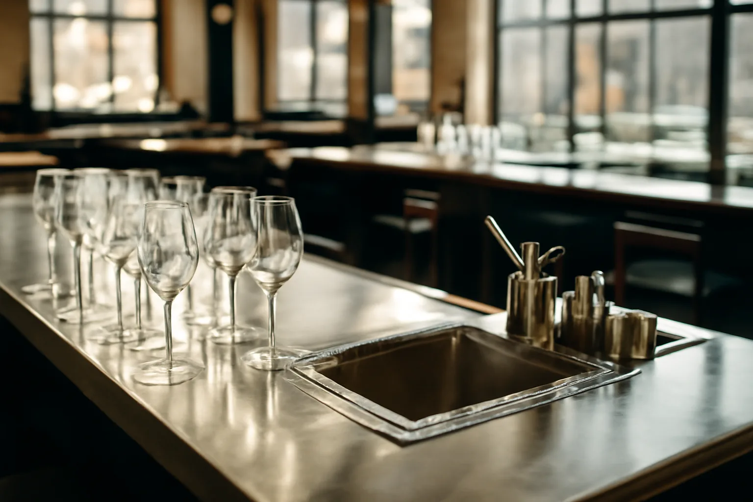 Empty restaurant bar counter with glassware lit by afternoon sunlight before opening