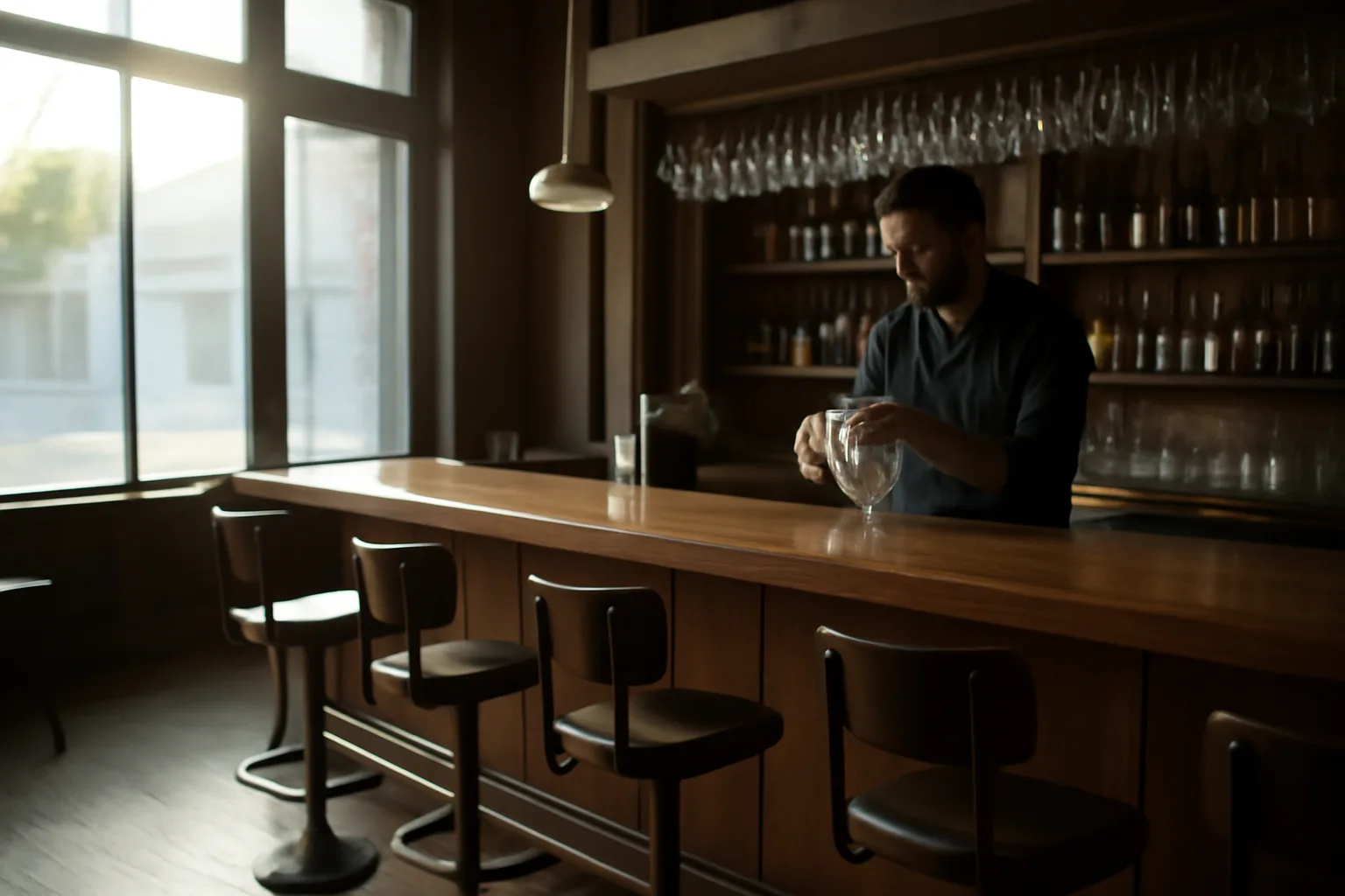 empty restaurant bar interior with bartender preparing before opening hours