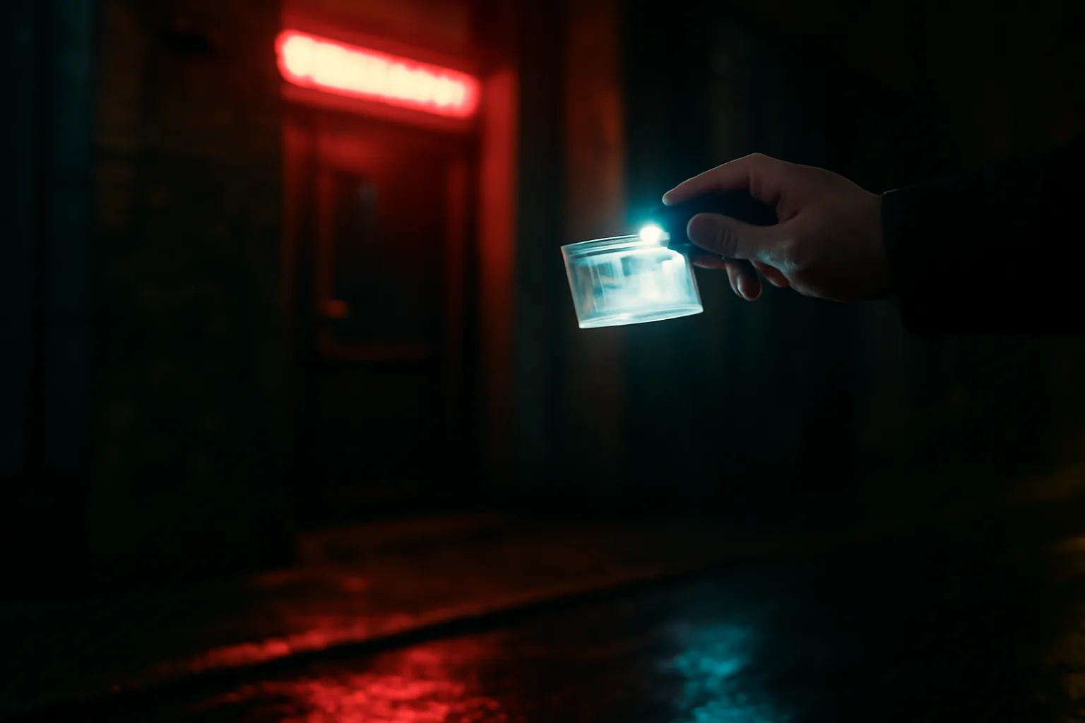 Bouncer checking a driver's license by flashlight at a bar entrance at night