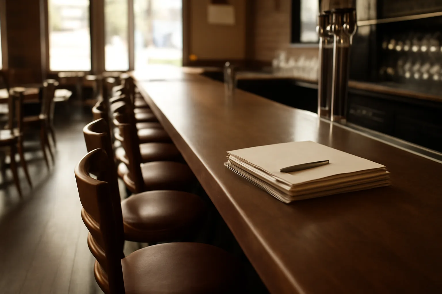 Empty restaurant bar counter in morning light with paperwork folders stacked nearby