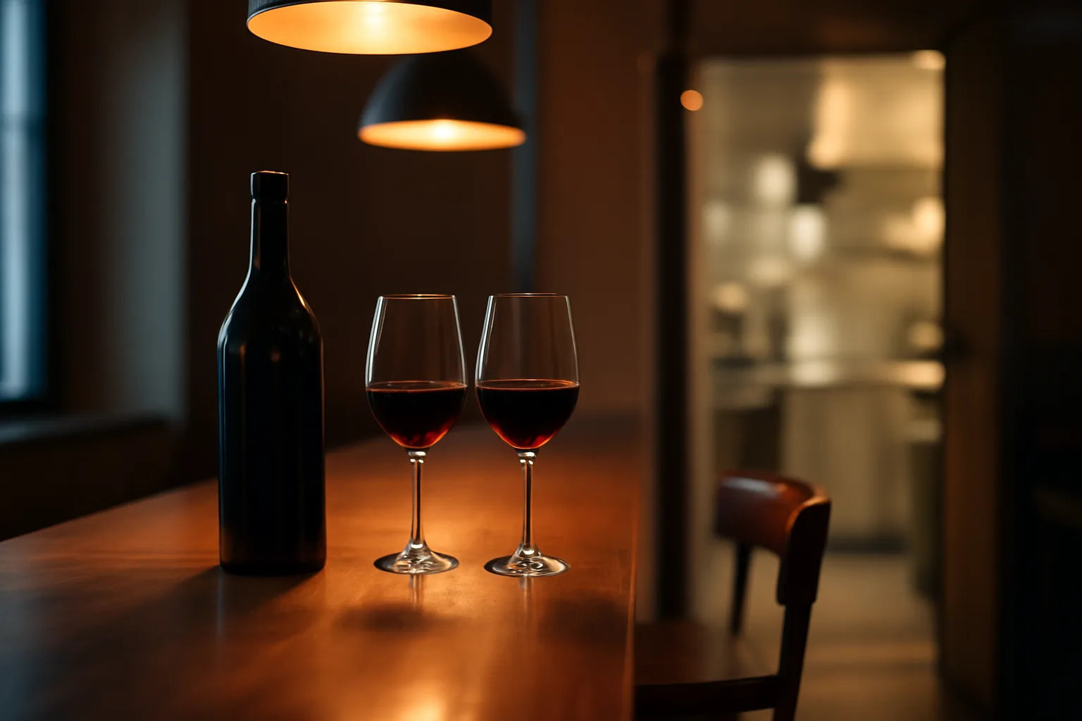 Wine bottle and glasses on a bar counter, illustrating rules on selling wine without a liquor license