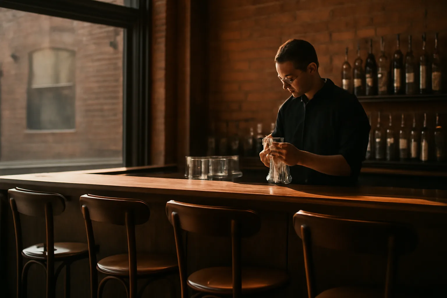 Chicago neighborhood bar interior in late afternoon light before opening