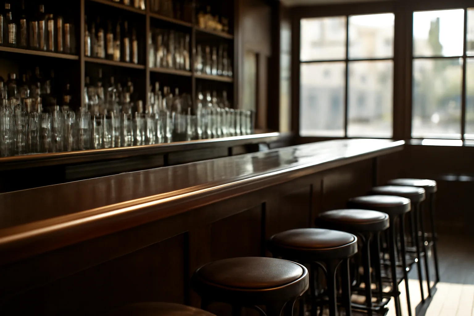 Empty restaurant bar with sunlight, illustrating the cost of a liquor license in Ohio