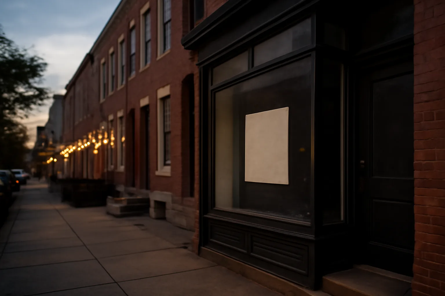 Empty Baltimore storefront at dusk illustrating the cost of a liquor license search