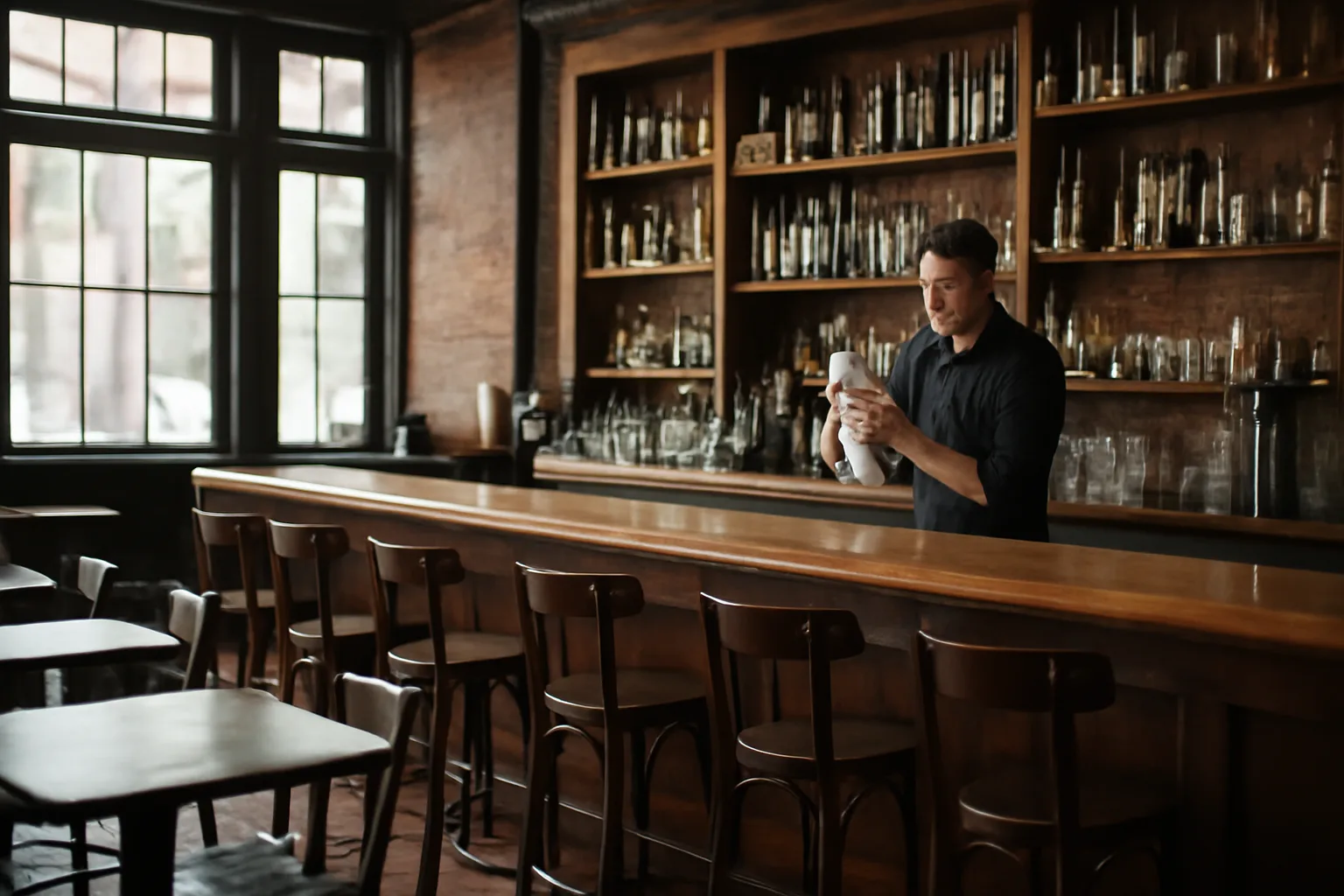 Empty Boston bar interior with bartender polishing glasses before opening