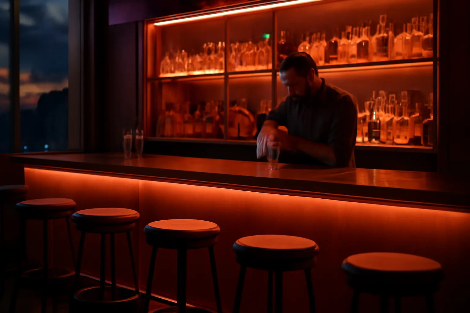 Bartender preparing a bar counter at dusk, related to liquor license costs in Colorado