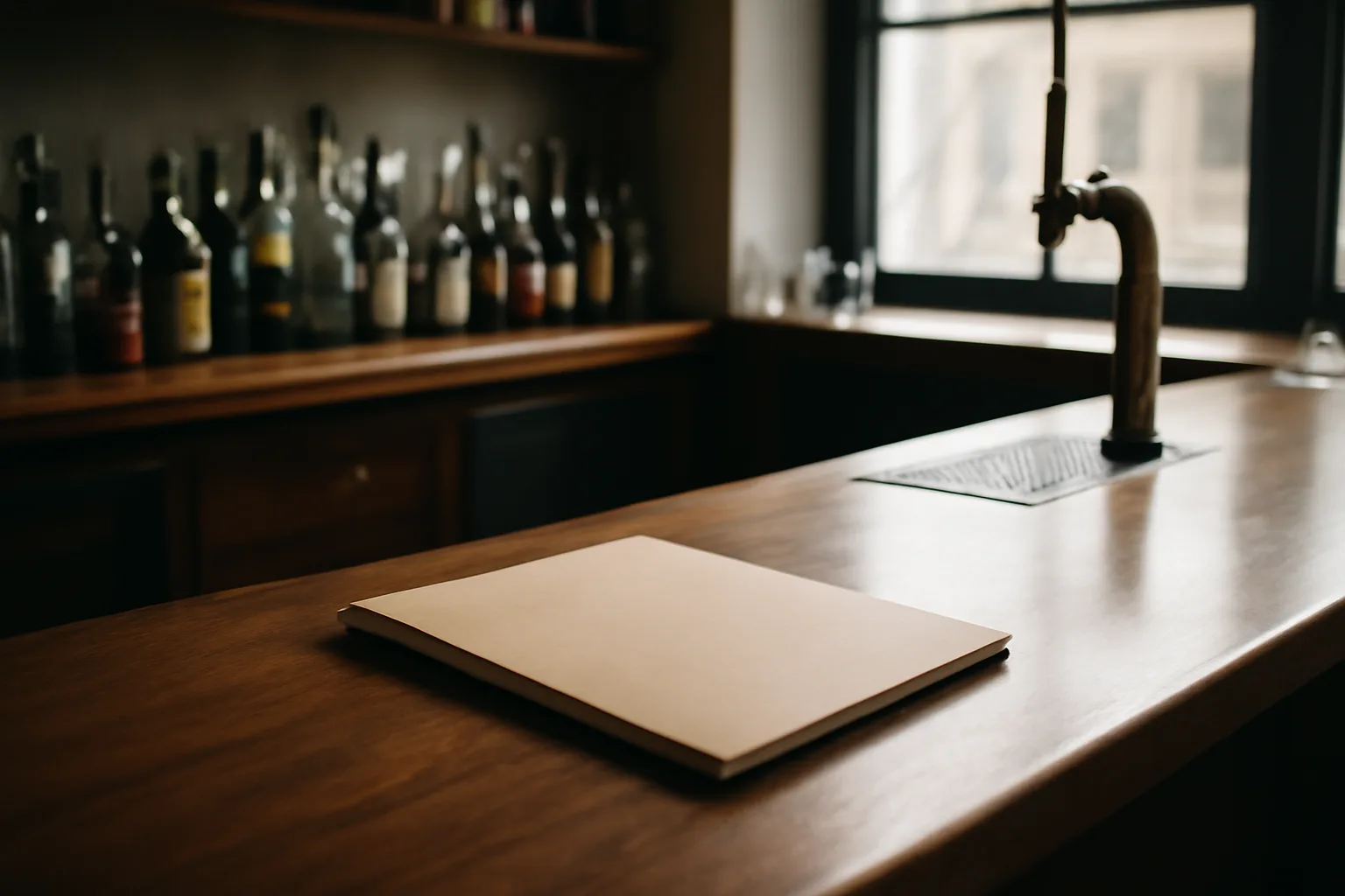 Empty restaurant bar counter with paperwork folder, morning light before opening