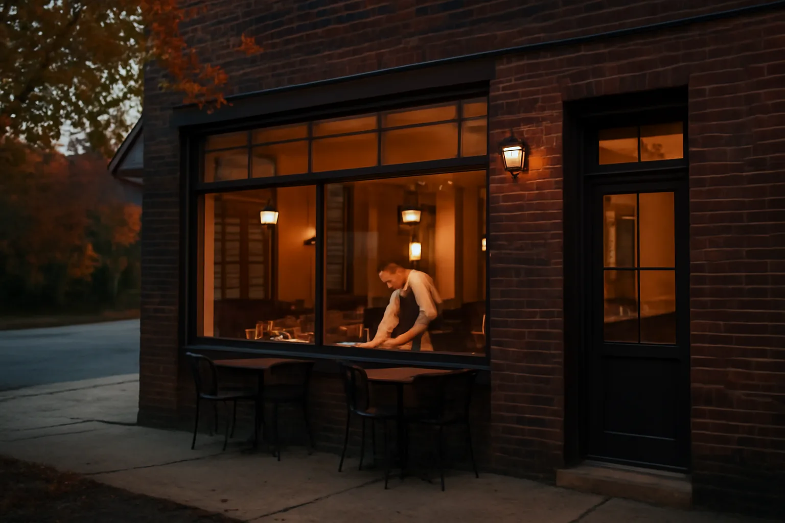 Small Connecticut restaurant storefront lit at dusk before opening for service