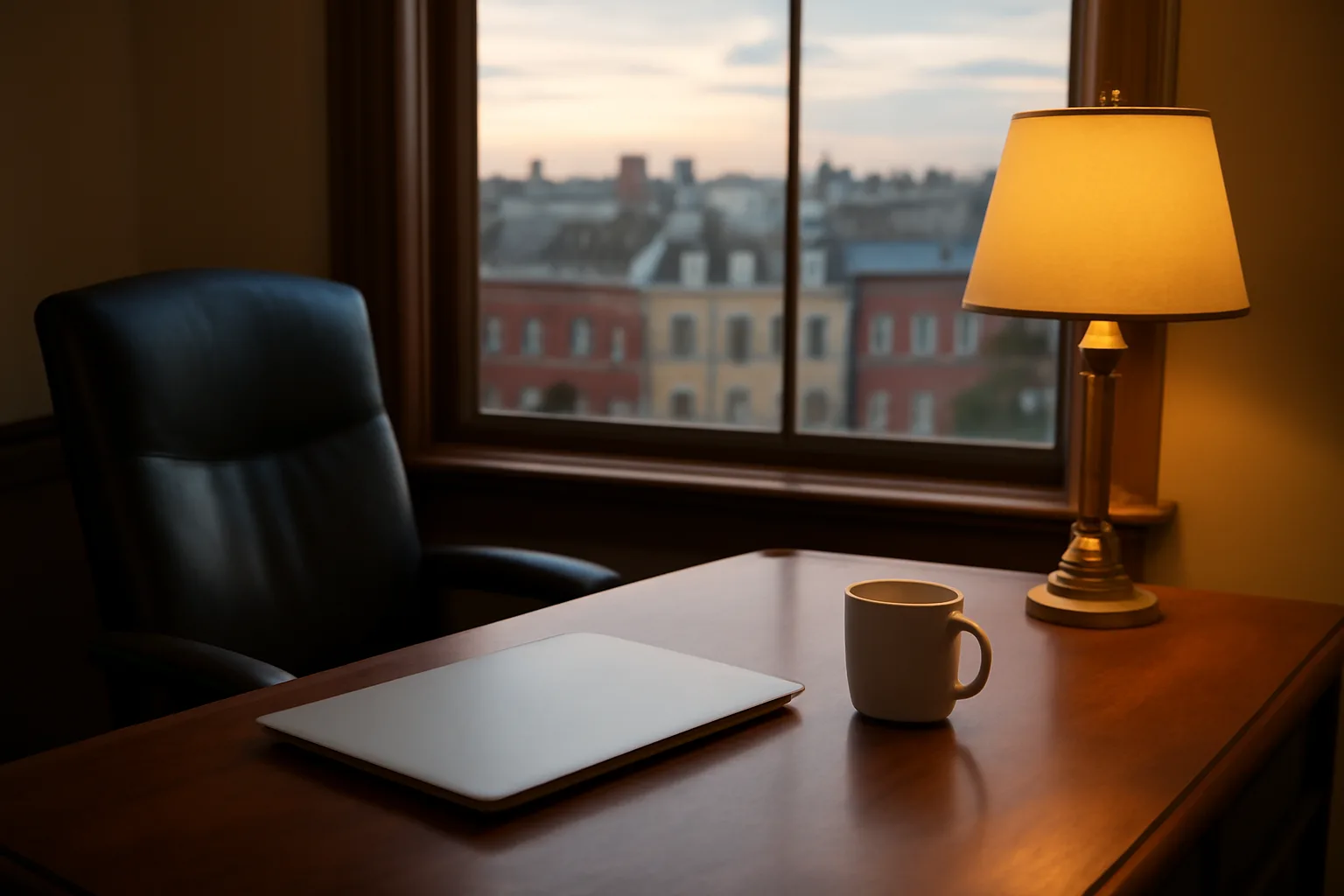 Desk scene at dusk evoking research into a DC bar attorney lookup