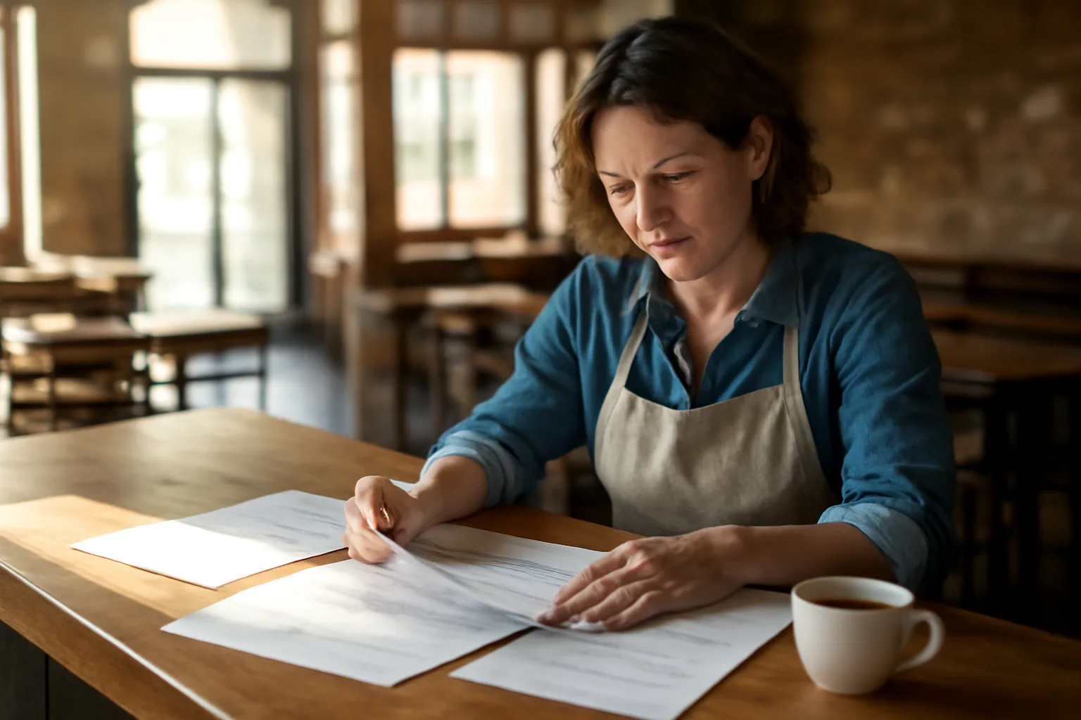 Restaurant owner reviewing liquor license paperwork at an empty bar counter