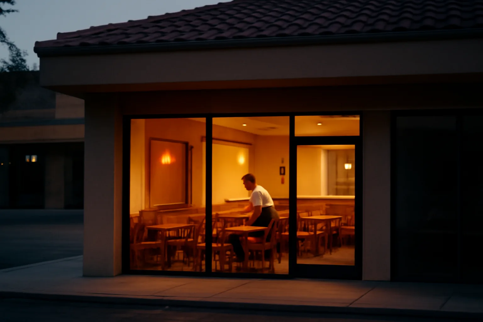 Small restaurant storefront lit at dusk before opening, related to Diamond Bar business license planning