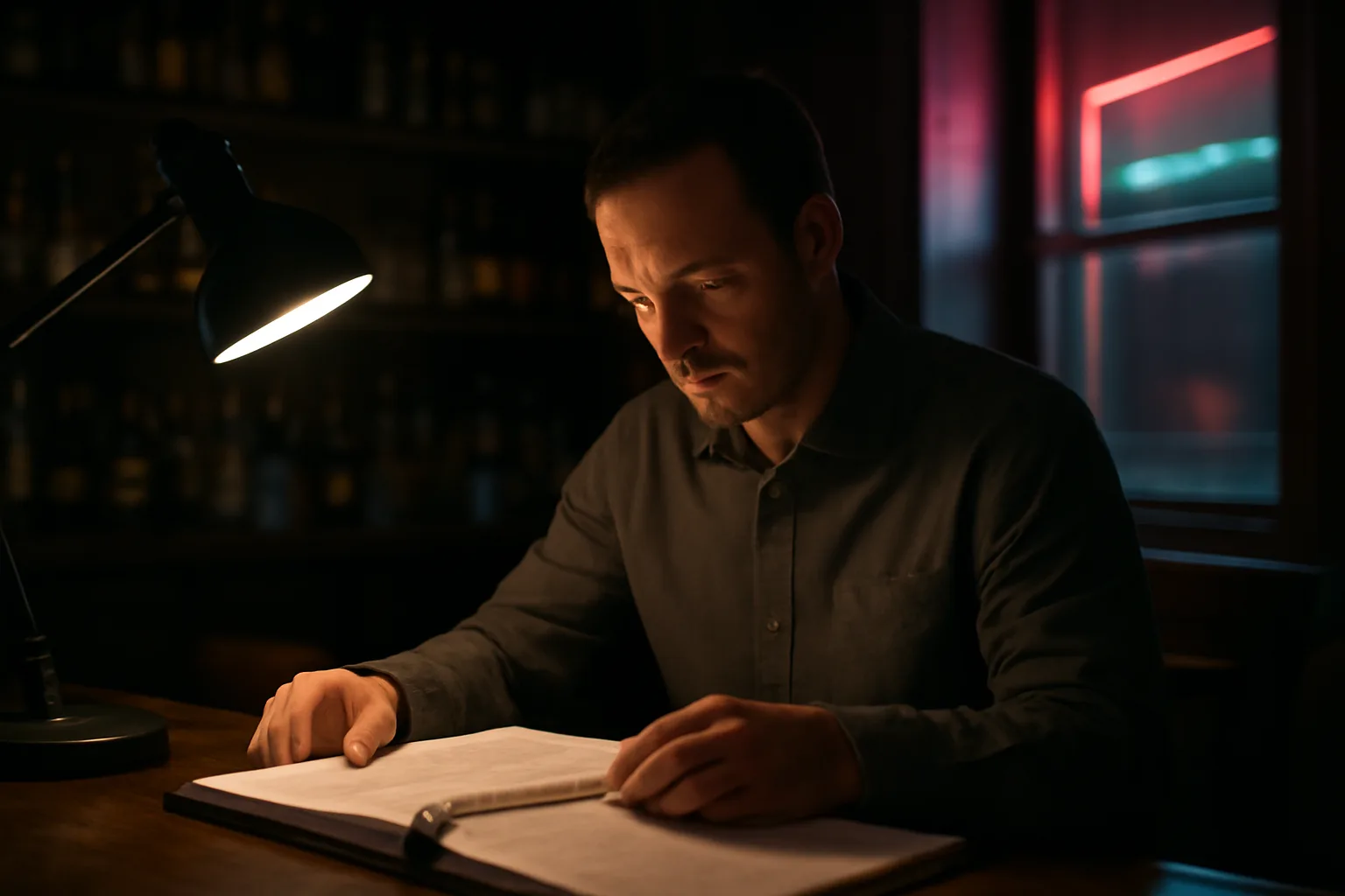 Bar manager reviewing compliance paperwork at night, illustrating liquor license revocation concerns