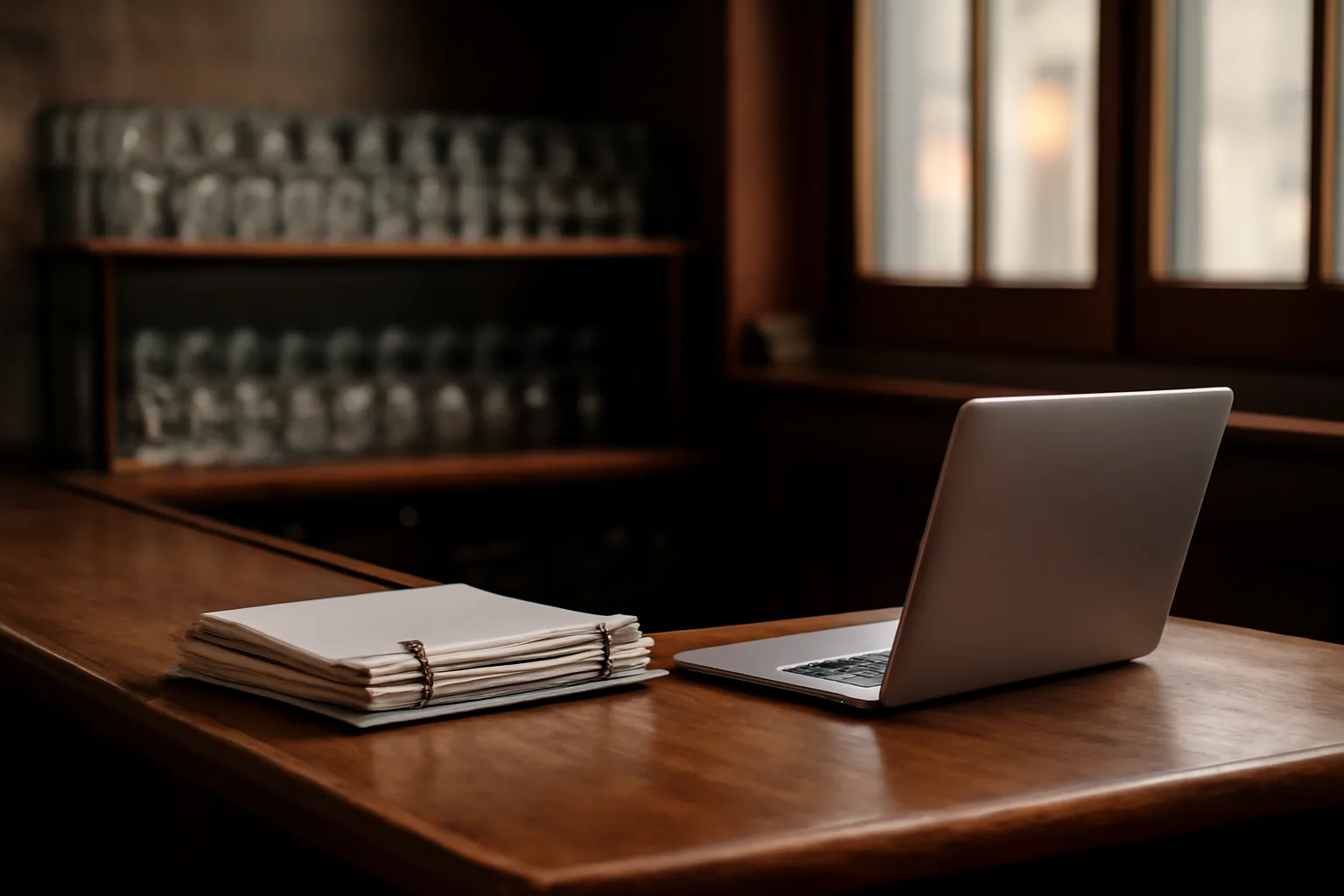 Empty bar counter with paperwork and laptop before opening, liquor license application prep