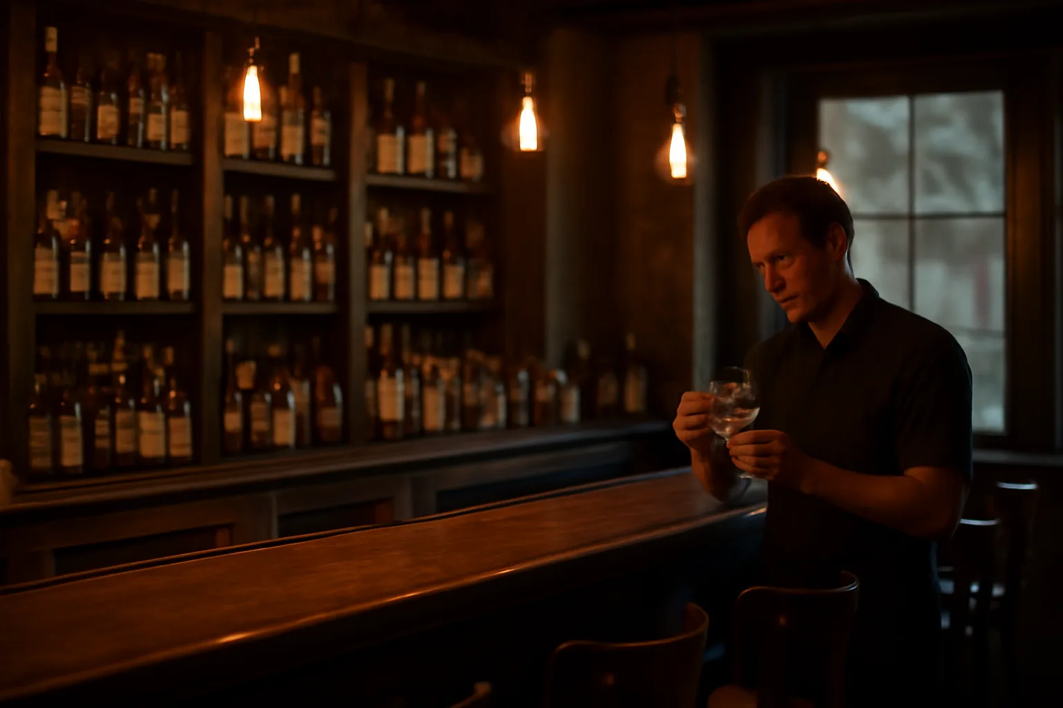 Bartender at a wooden bar counter illustrating whether bars have to serve food