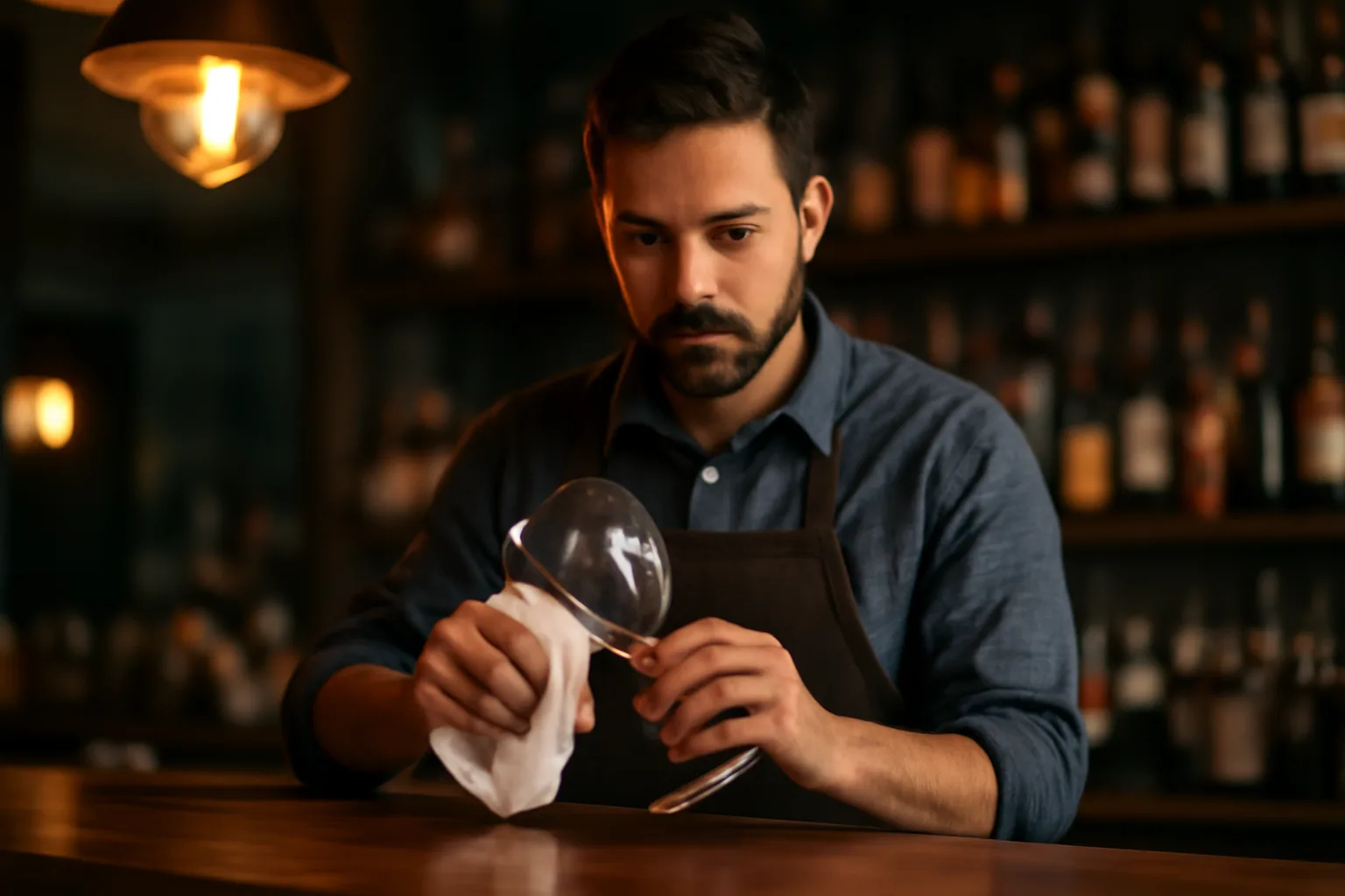 Bartender behind a wooden bar polishing glassware in warm evening light