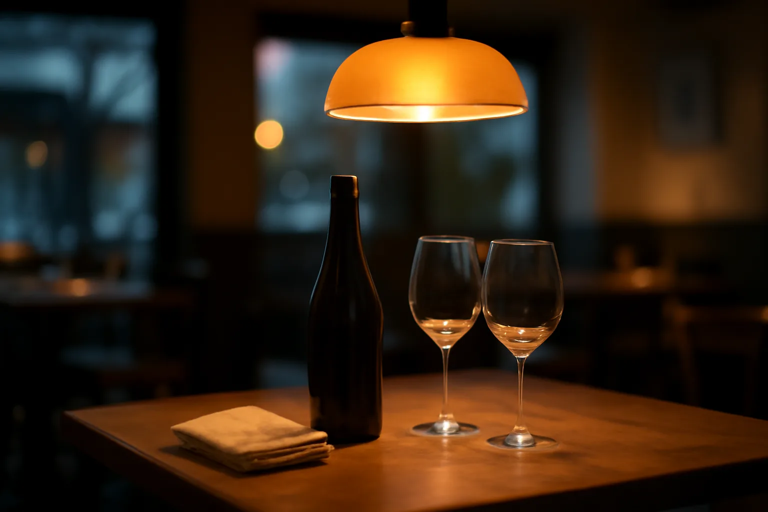 Restaurant table set with an unlabeled wine bottle, illustrating BYOB dining without a liquor license